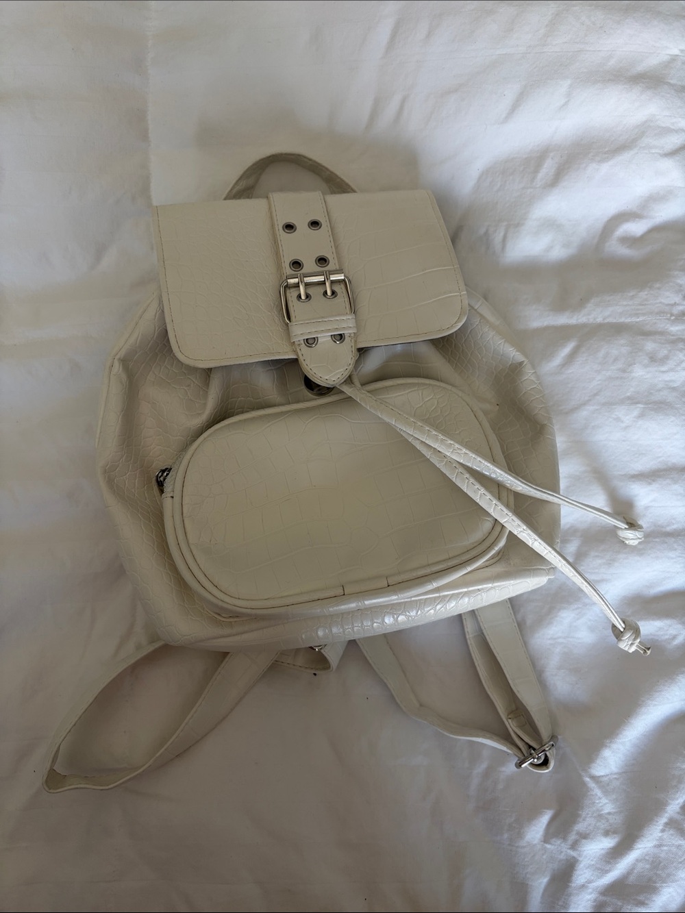 wild fable Cream Croc-Texture Drawstring Backpack with Front Pocket